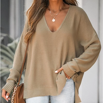 Women's V Neck Split Trim Oversized Sweater - Cupshe -Light Brown 1 Women's V Neck Split Trim Oversized Sweater - Cupshe -Light Brown