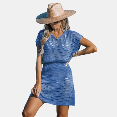 Women's Crochet Knit Cutout V-Neck Cover-Up Mini Dress - Cupshe 9 Women's Crochet Knit Cutout V-Neck Cover-Up Mini Dress - Cupshe - Image 9