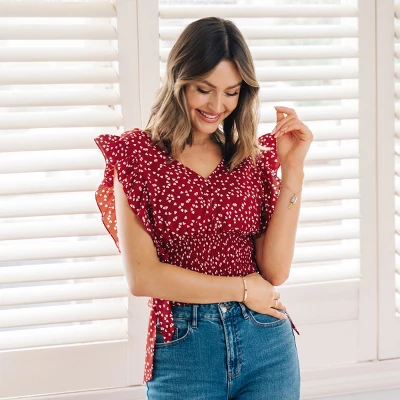 Women's Ruffle Lace Up Smocking Blouse - Cupshe 4 Women's Ruffle Lace Up Smocking Blouse - Cupshe - Image 4