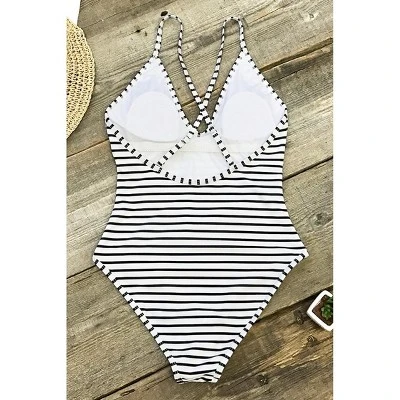 Women's Stripe Crisscross One Piece Swimsuit - Cupshe -Black/White 4 Women's Stripe Crisscross One Piece Swimsuit - Cupshe -Black/White - Image 4
