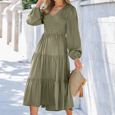Women's V-Neck Smocked Midi Dress - Cupshe 4 Women's V-Neck Smocked Midi Dress - Cupshe - Image 4