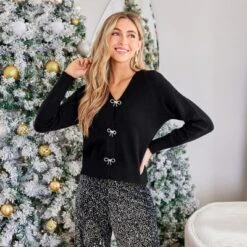 Women's Black V-Neck Long Sleeve Bow Knit Cardigan - Cupshe -BLAZER GUEST 5ec546cb ce33 46d6 986f b5dcb3a0202f