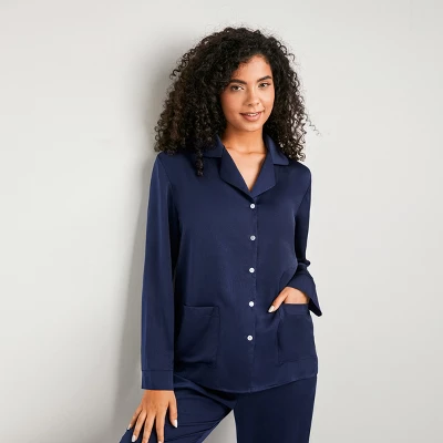 Women's Blue Satin Collared Pajama Top & Pants Set - Cupshe 4 Women's Blue Satin Collared Pajama Top & Pants Set - Cupshe - Image 4