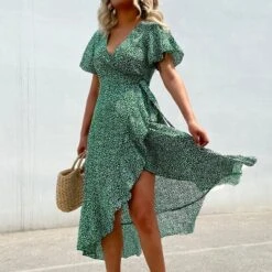 Women's Speckled Print Flared Sleeve V Neck Maxi Dress - Cupshe - Green