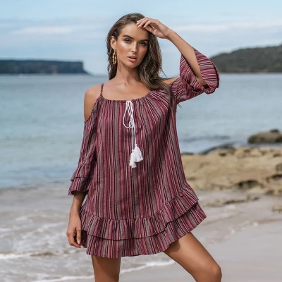 Women's Striped Open-Shoulder Tassel Dress - Cupshe 3 Women's Striped Open-Shoulder Tassel Dress - Cupshe - Image 3