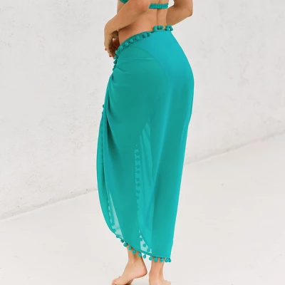 Women's Pom Pom Trim Tie Side Cover-Up Sarong - Cupshe 2 Women's Pom Pom Trim Tie Side Cover-Up Sarong - Cupshe - Image 2