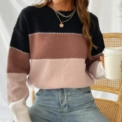 Women's Long Sleeve Colorblock Knit Round Neck Sweater - Cupshe -BLAZER GUEST 63dec945 563f 4540 814a 21d7331976e2