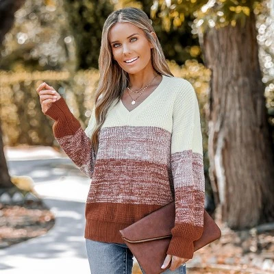 Women's Striped V Neck Drop Sleeve Sweater - Cupshe 2 Women's Striped V Neck Drop Sleeve Sweater - Cupshe - Image 2