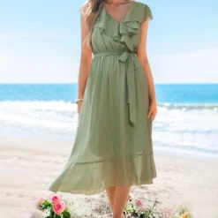 Women's Elegant Ruffle V-Neck Chiffon Maxi Wedding Guest Dress - Cupshe