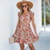 Women's Floral V-Neck Ruffled Sleeves Mini Dress - Cupshe