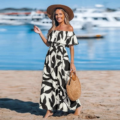 Women's Off-Shoulder Ruffle Smoked Waist Printed Maxi Dress - Cupshe 2 Women's Off-Shoulder Ruffle Smoked Waist Printed Maxi Dress - Cupshe - Image 2