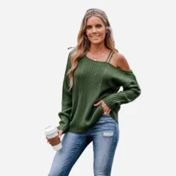 Women's Ribbed One-Shoulder Long Sleeve Sweater - Cupshe