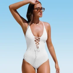 Women's V Neck Lace Up One Piece Swimsuit - Cupshe -BLAZER GUEST 695d96eb ed5a 47c1 82fb e9356654596b