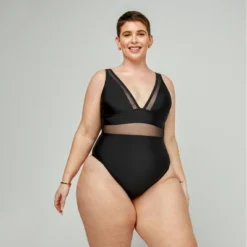 Women's Plus Size V Neck Mesh Sheer One Piece Swimsuit -Cupshe