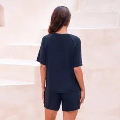 Women's Navy Blue Short Sleeves And Shorts Pajama Set - Cupshe