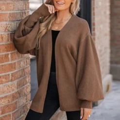 Women's Espresso Open-Knit Gigot Sleeve Cardigan - Cupshe -BLAZER GUEST 738f78a7 056d 4337 89e0 fba238c49885