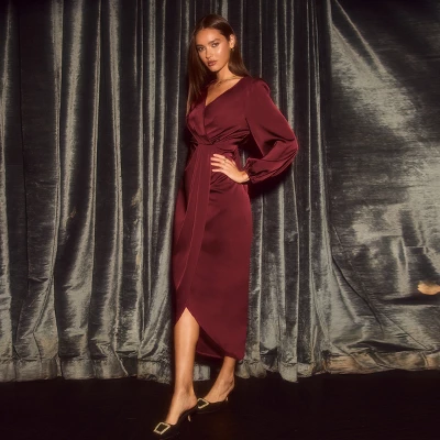 Women's Elegant Satin Surplice Draped Tulip Hem Midi Dress - Cupshe 4 Women's Elegant Satin Surplice Draped Tulip Hem Midi Dress - Cupshe - Image 4