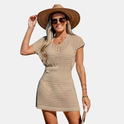 Women's Crochet Knit Cutout V-Neck Cover-Up Mini Dress - Cupshe 12 Women's Crochet Knit Cutout V-Neck Cover-Up Mini Dress - Cupshe - Image 12