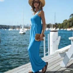 Women's Straight Neck Wide Straps Smocked Wide Leg Jumpsuit - Cupshe