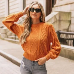 Women's Cable Knit Long Bishop Sleeve Sweater - Cupshe -BLAZER GUEST 7a16d2d9 bc04 437d abf6 a27e75ded8af