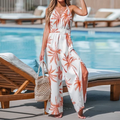 Women's Palm Tree V-Neck Jumpsuit - Cupshe 2 Women's Palm Tree V-Neck Jumpsuit - Cupshe - Image 2
