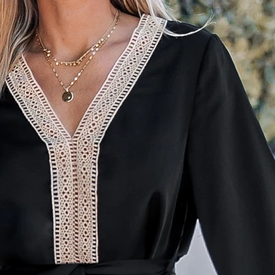 Women's Belted Lace Trim Trumpet Sleeve Dress - Cupshe 2 Women's Belted Lace Trim Trumpet Sleeve Dress - Cupshe - Image 2