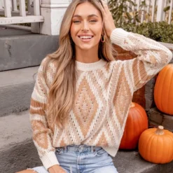 Women's Diamond Stitched Drop Sleeve Sweater - Cupshe