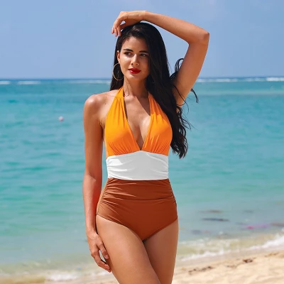 Women's Colorblock Halter Backless Ruched One Piece Swimsuit - Cupshe 3 Women's Colorblock Halter Backless Ruched One Piece Swimsuit - Cupshe - Image 3