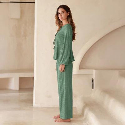 Women's Elegant Ribbed Lace-Up Loungewear Pajama Set - Cupshe 4 Women's Elegant Ribbed Lace-Up Loungewear Pajama Set - Cupshe - Image 4