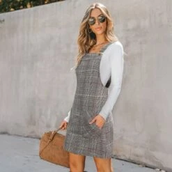 Women's Chic Gray Plaid Suspender Mini Dress - Cupshe