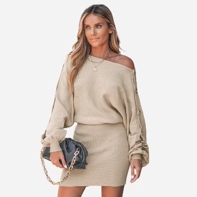 Women's Rib Buttoned One-shoulder Mini Sweater Dress - Cupshe 7 Women's Rib Buttoned One-shoulder Mini Sweater Dress - Cupshe - Image 7