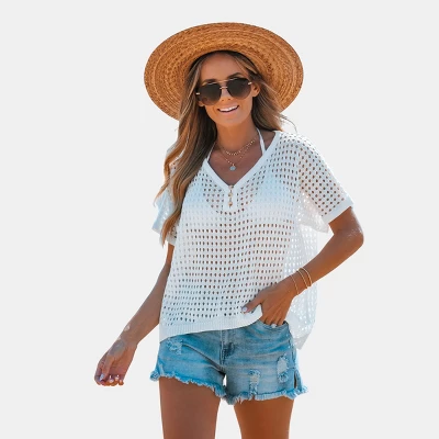 Women's Crochet V-Neck Cover-Up Top - Cupshe 6 Women's Crochet V-Neck Cover-Up Top - Cupshe - Image 6