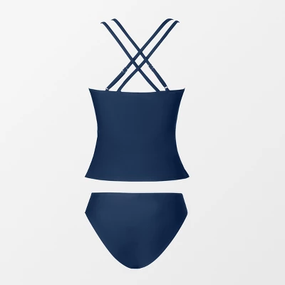 Women's V Neck Ruched Double Crisscross Tankini Set - Cupshe- Blue 5 Women's V Neck Ruched Double Crisscross Tankini Set - Cupshe- Blue - Image 5