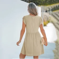 Women's Elegant Beige Embroidered Eyelet Dress - Cupshe