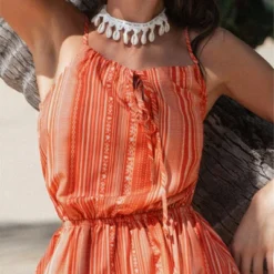 Women's Striped Tie Front Ruffled Romper -Cupshe