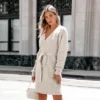 Women's Neutral V-Neck Belted Sweater Dress - Cupshe