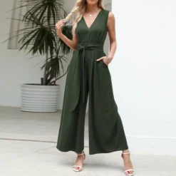 Women's Green V-Neck Wide Leg Jumpsuit With Waist Tie - Cupshe