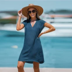 Women's V-Neck Short Sleeve Mini Cover-Up Dress - Cupshe