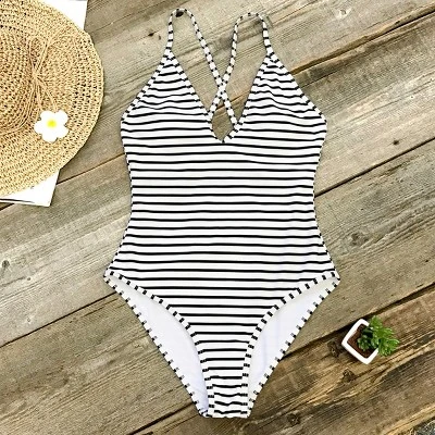 Women's Stripe Crisscross One Piece Swimsuit - Cupshe -Black/White 2 Women's Stripe Crisscross One Piece Swimsuit - Cupshe -Black/White - Image 2