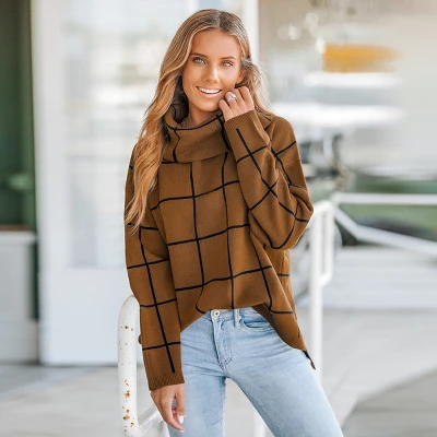 Women's Grid Print Drop Sleeve Turtleneck Sweater - Cupshe 5 Women's Grid Print Drop Sleeve Turtleneck Sweater - Cupshe - Image 5