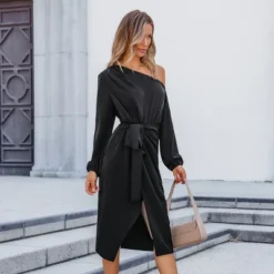 Women's Elegant Satin One-Shoulder Wrap Midi Dress - Cupshe