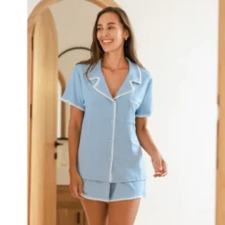 Women's Sky Blue Short Sleeve Pajama Set With Lace Trim - Cupshe -BLAZER GUEST 9357fd0b 4263 4b27 8455 8a583d2ed855
