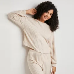 Women's Beige Ribbed Knit Long Sleeve Top & Pants Pajama Set - Cupshe -BLAZER GUEST 95950926 716b 4021 96ec 37473a3362ba