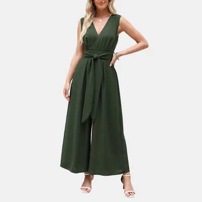 Women's Green V-Neck Wide Leg Jumpsuit With Waist Tie - Cupshe 8 Women's Green V-Neck Wide Leg Jumpsuit With Waist Tie - Cupshe - Image 8