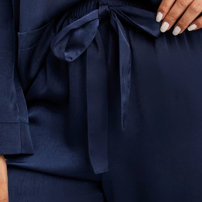 Women's Blue Satin Collared Pajama Top & Pants Set - Cupshe 6 Women's Blue Satin Collared Pajama Top & Pants Set - Cupshe - Image 6