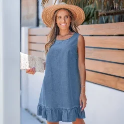 Women's Casual Denim Mini Dress With Ruffle Trim- Cupshe