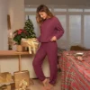 Women's Red Waffled Long Sleeves & Pants Pajama Set - Cupshe