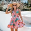 Women's Tropical Floral Print Wrap Dress With Flared Skirt - Cupshe