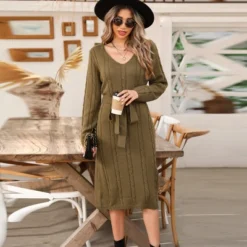 Women's Olive Cable Knit Belted Sweater Dress - Cupshe