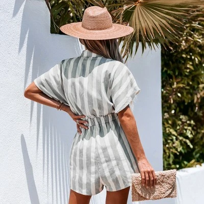 Women's Striped Basic Collar Romper - Cupshe 1 Women's Striped Basic Collar Romper - Cupshe